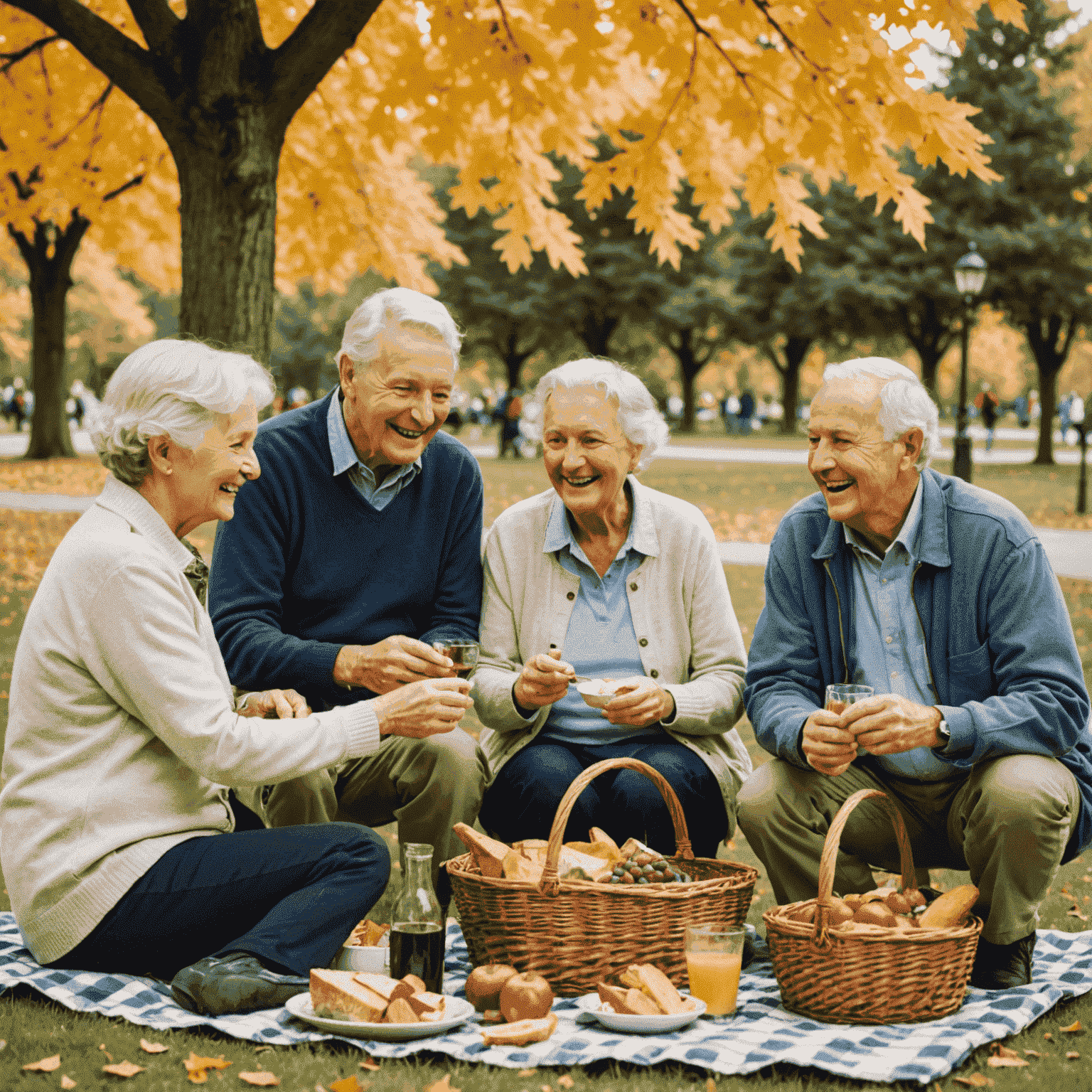 A group of smiling Canadian seniors enjoying a picnic in a park with maple trees