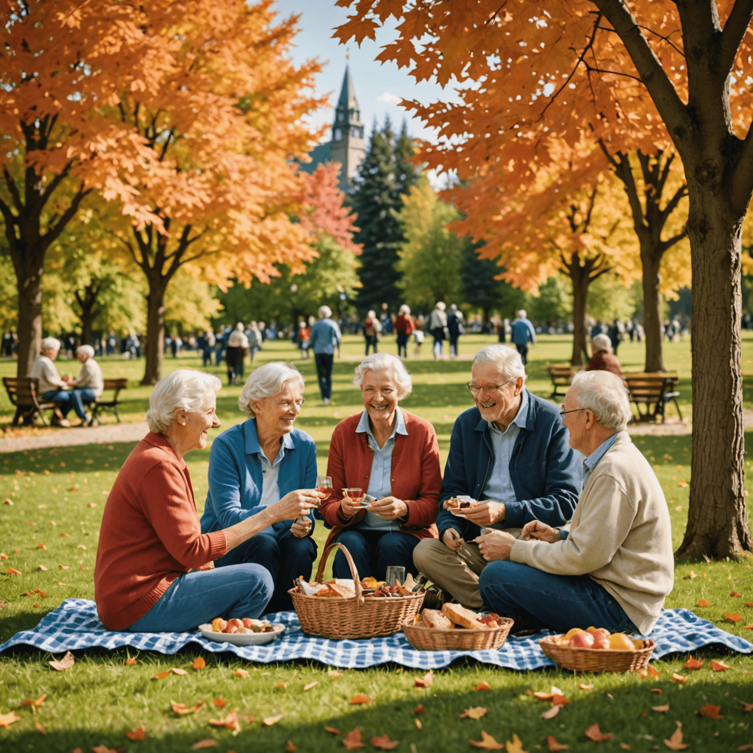 A group of happy Canadian retirees enjoying a picnic in a park with maple trees