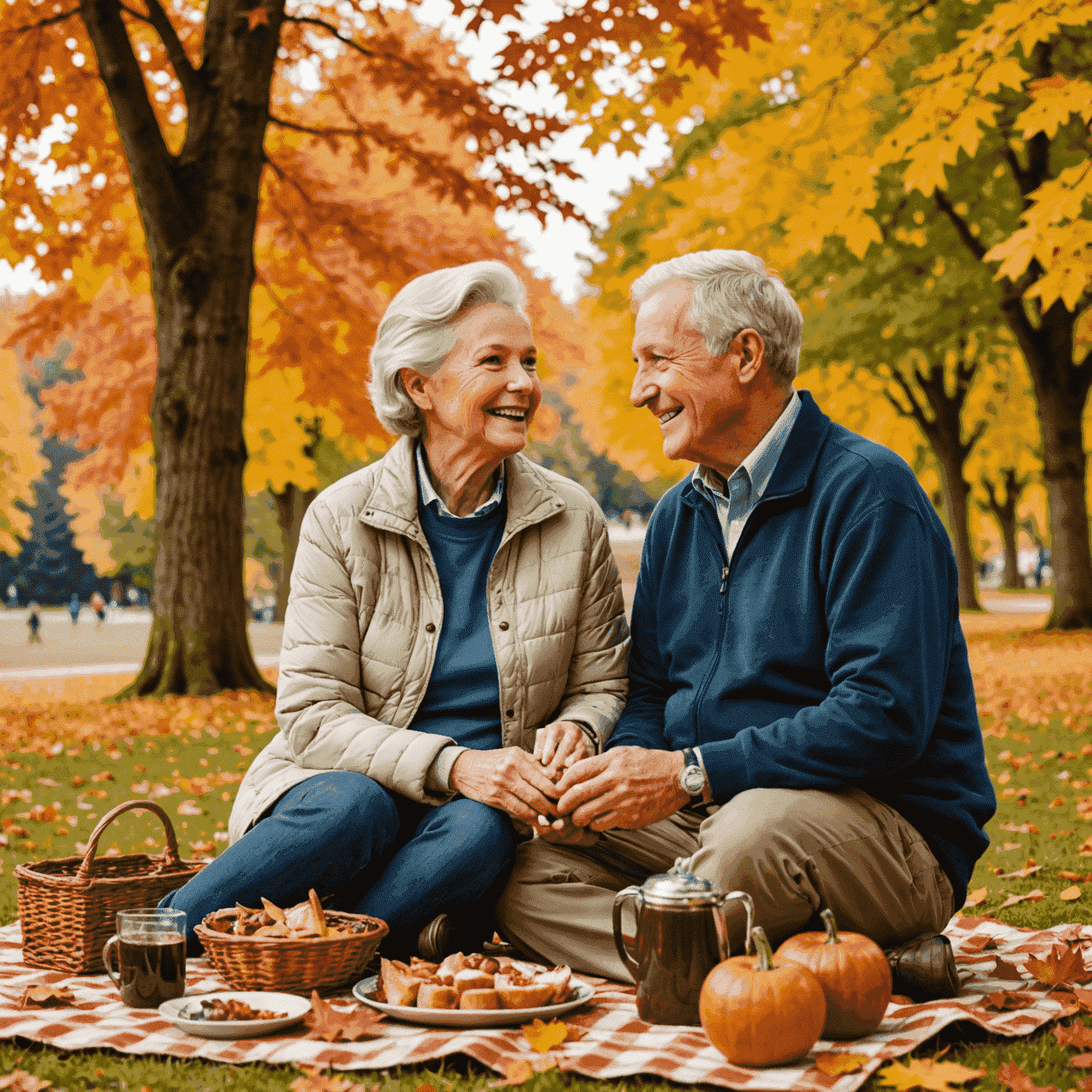 A smiling senior couple enjoying a picnic in a beautiful Canadian park, with autumn maple leaves falling around them