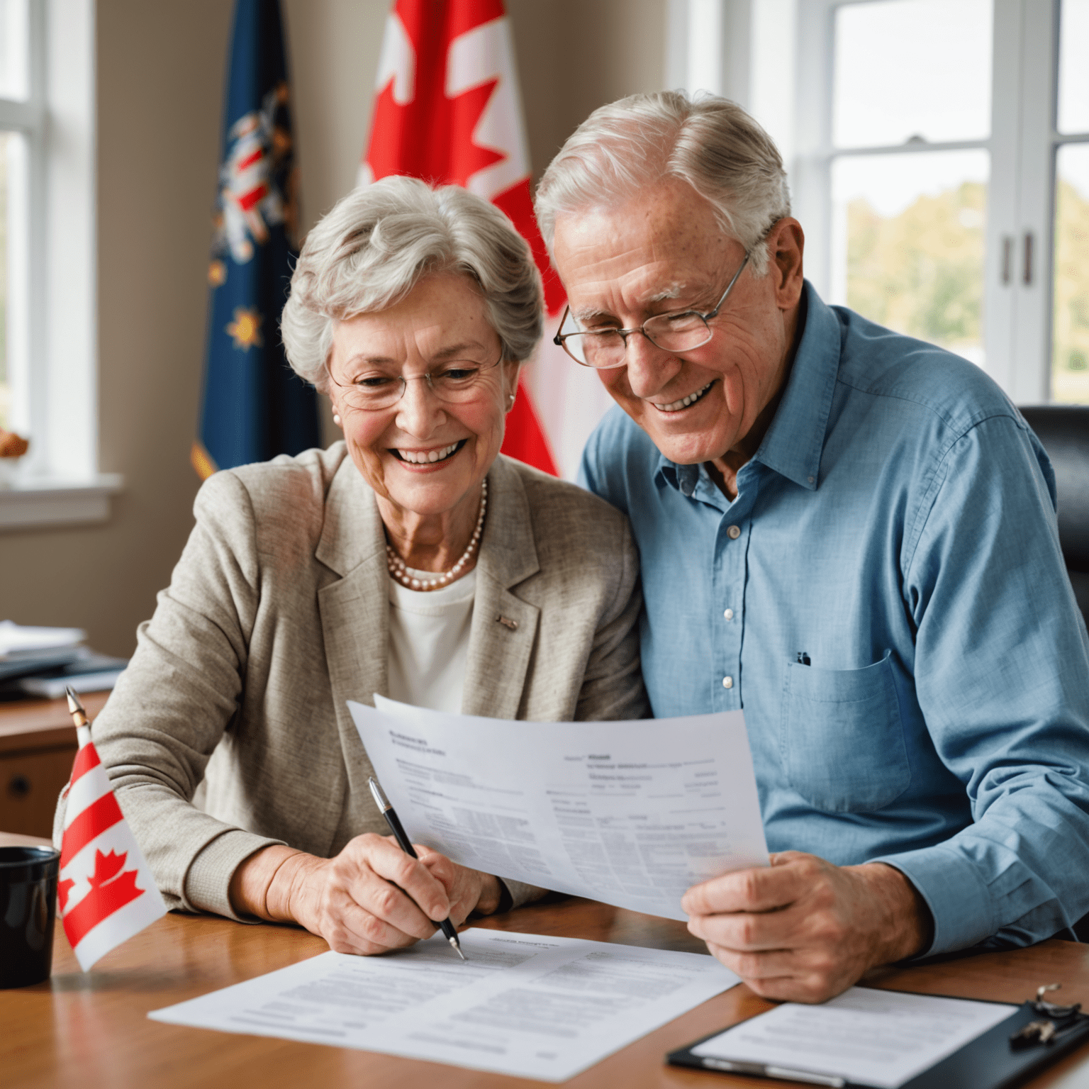 Senior couple reviewing financial documents, smiling and sitting at a desk with a Canadian flag visible in the background