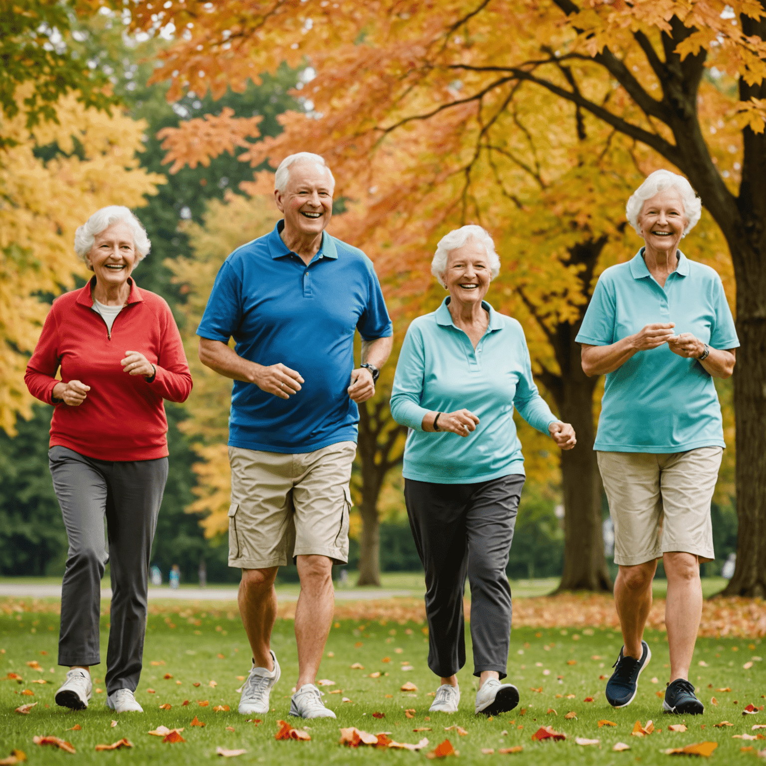 A group of smiling Canadian seniors engaging in various physical activities outdoors, such as walking, stretching, and playing lawn games. The background shows a beautiful Canadian park with maple trees.