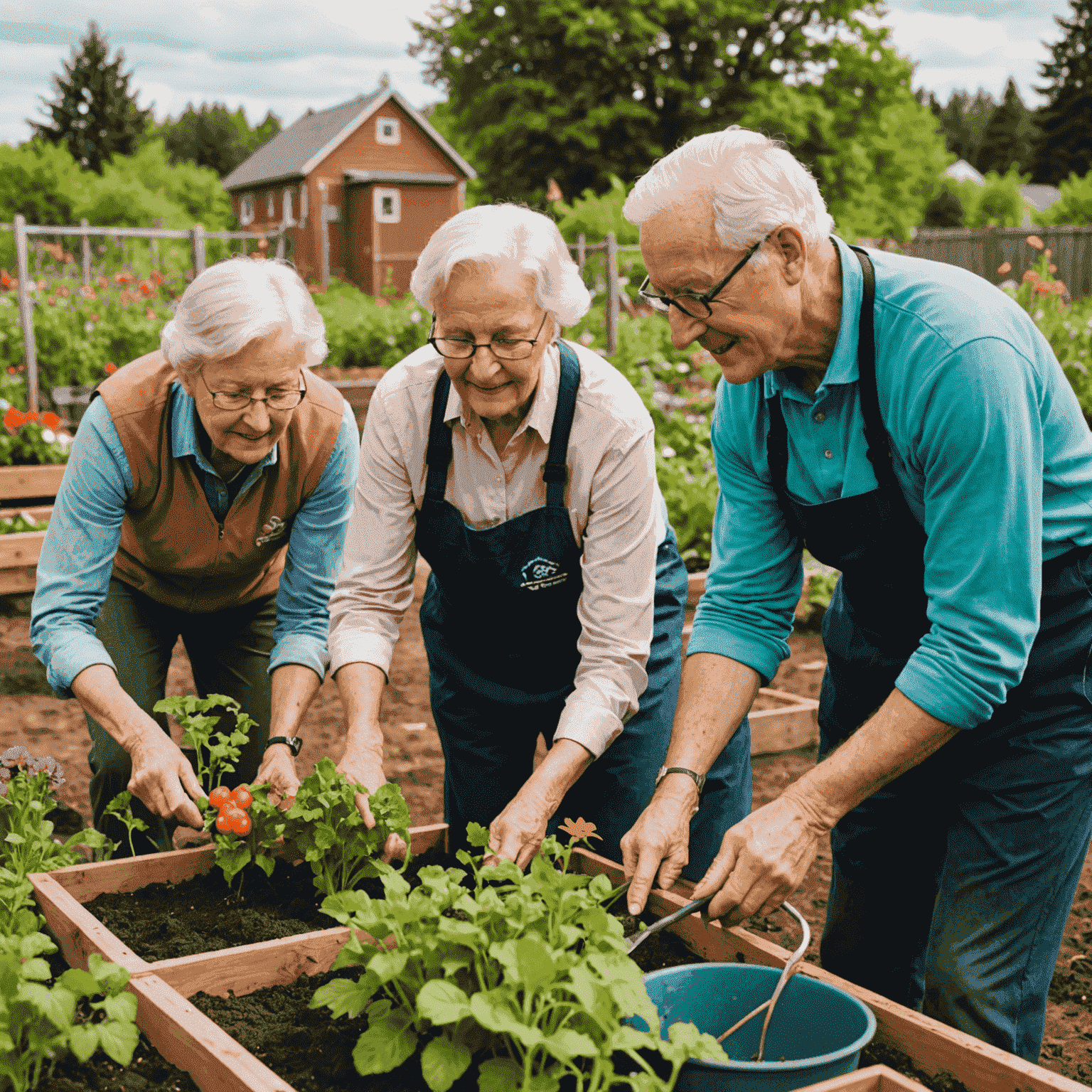 Senior Canadian volunteers working together in a community garden, planting vegetables and flowers