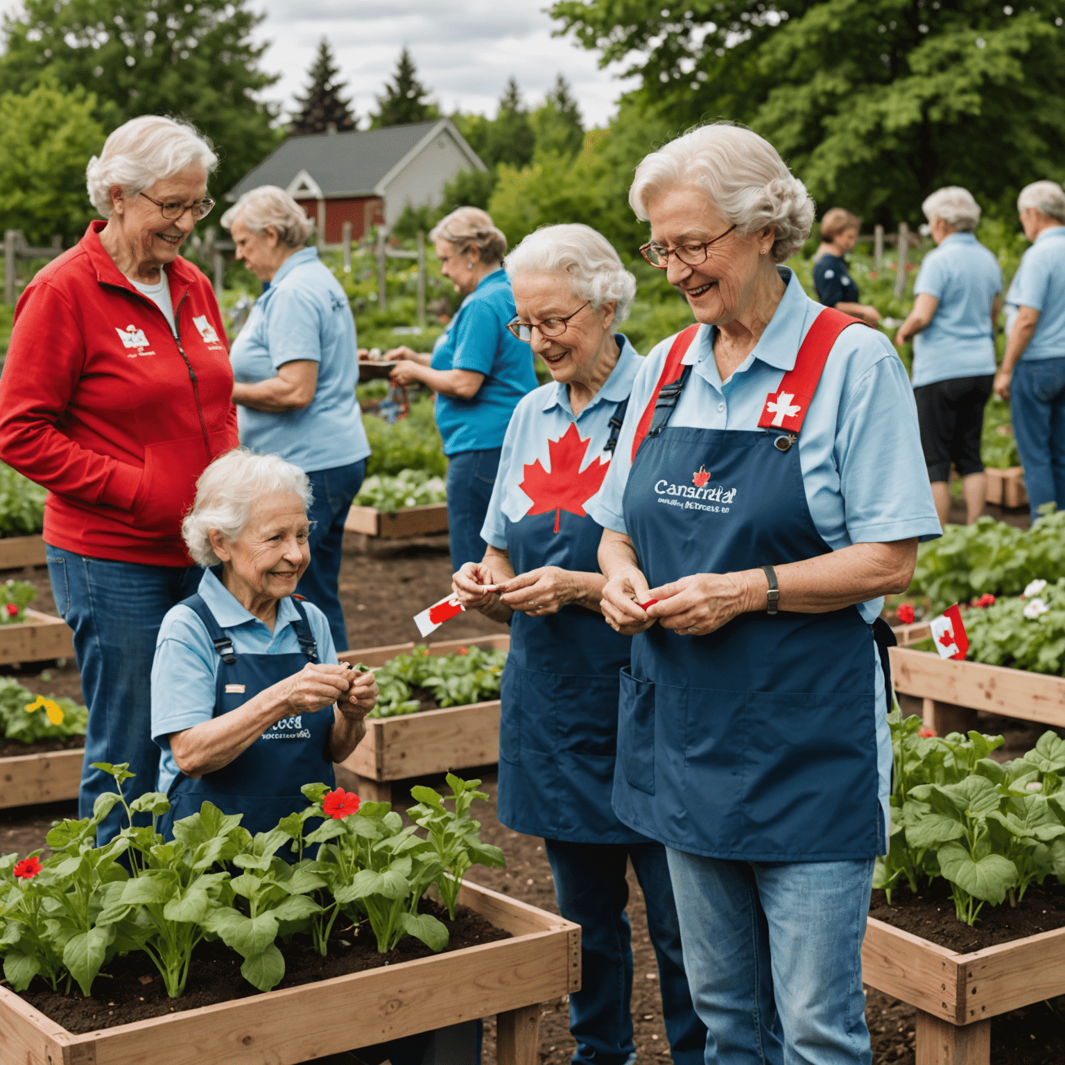 Senior volunteers helping at a community garden, food bank, and teaching children, all wearing Canadian flag pins