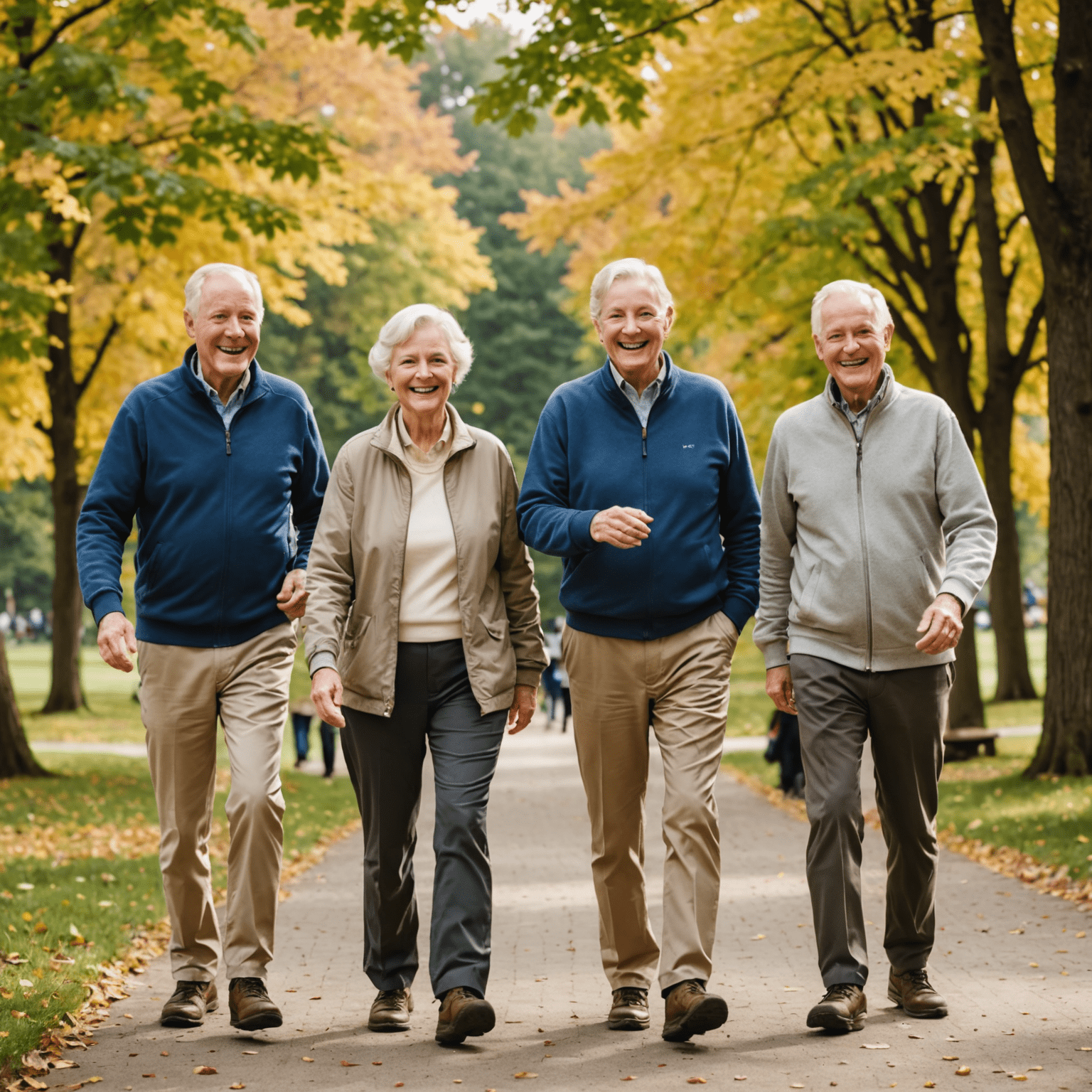 A group of smiling Canadian seniors enjoying outdoor activities in a park, showcasing active retirement lifestyle