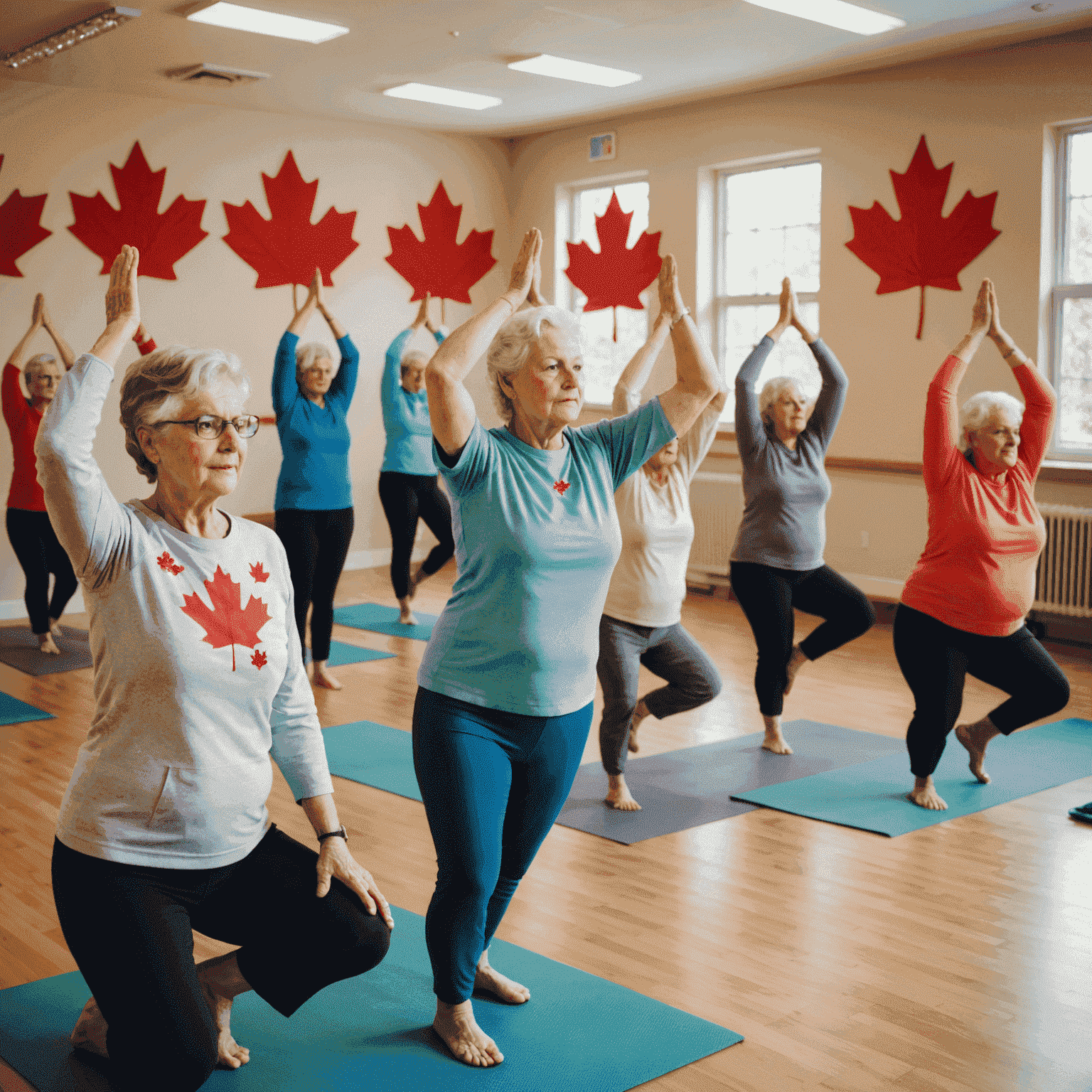 A group of senior Canadians participating in a yoga class in a community center, with maple leaf decorations on the walls