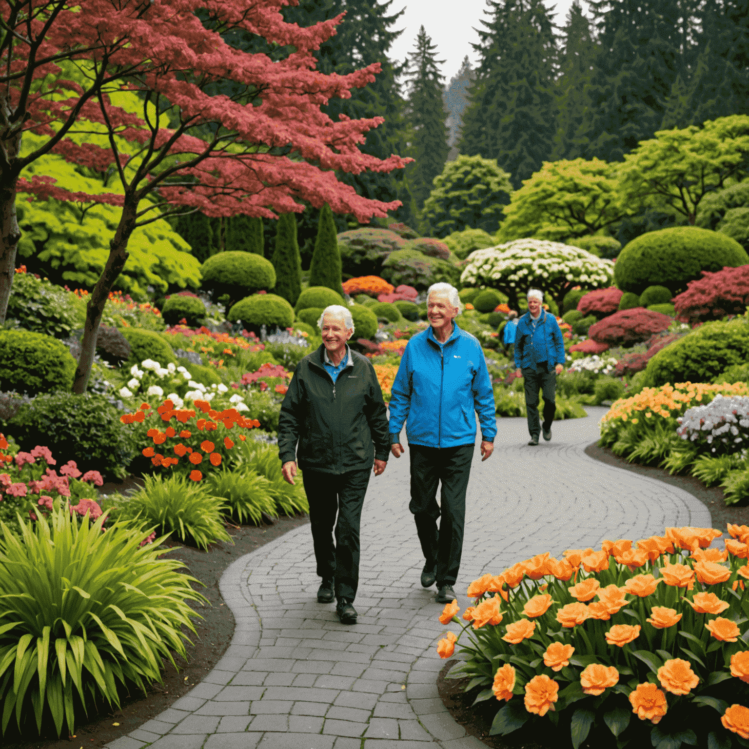 Retirees enjoying a walk in the Butchart Gardens in Victoria, BC, surrounded by colorful flowers and well-manicured landscapes