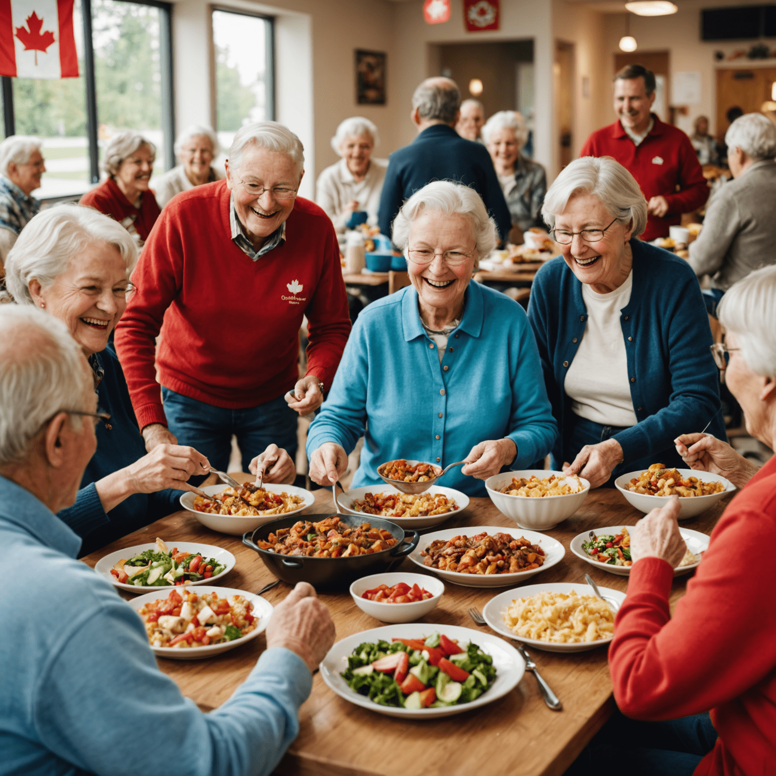 A diverse group of Canadian seniors participating in a community potluck event. The image shows people sharing traditional Canadian dishes, laughing, and socializing in a community center decorated with Canadian flags.