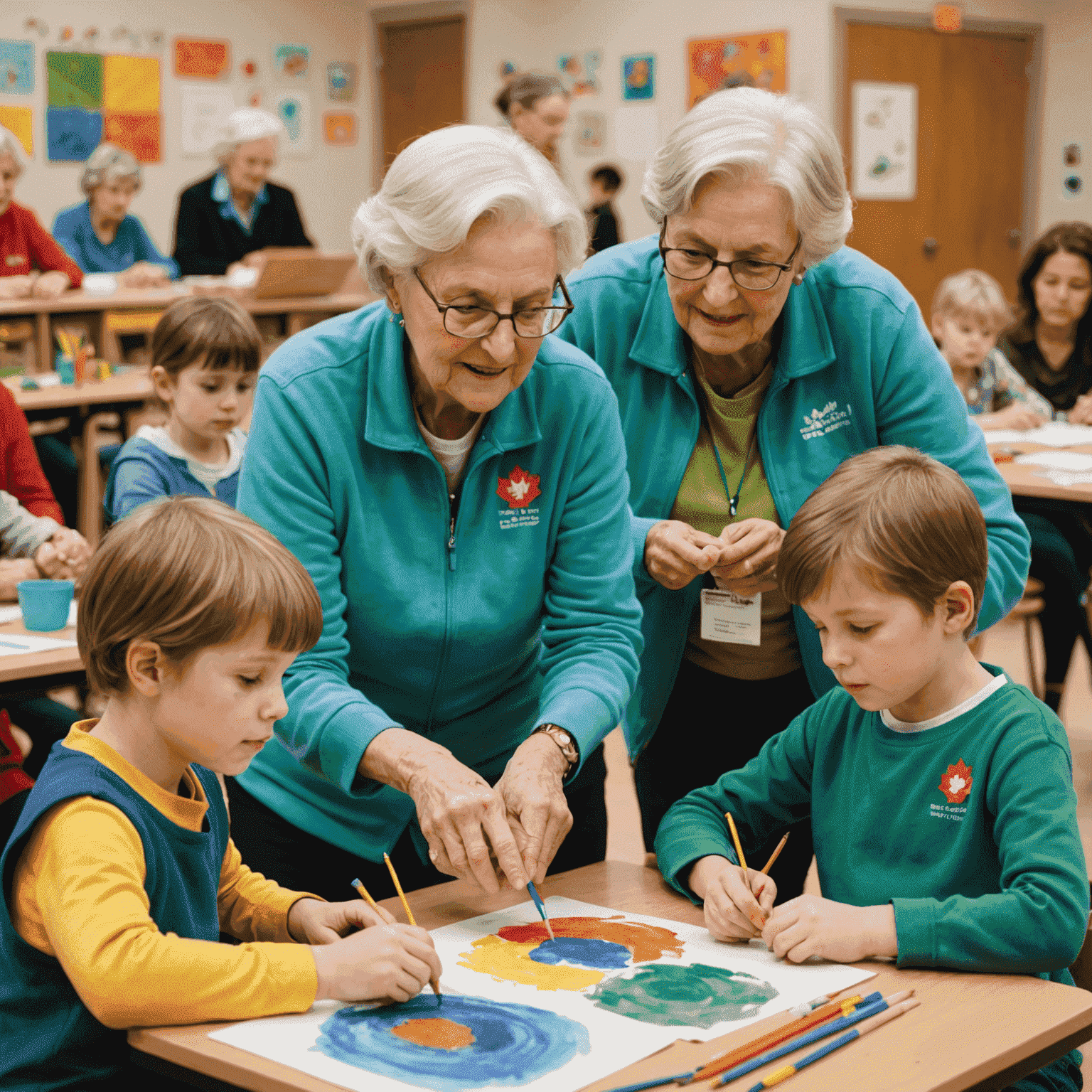 A group of senior Canadian volunteers teaching art classes to children at a community center