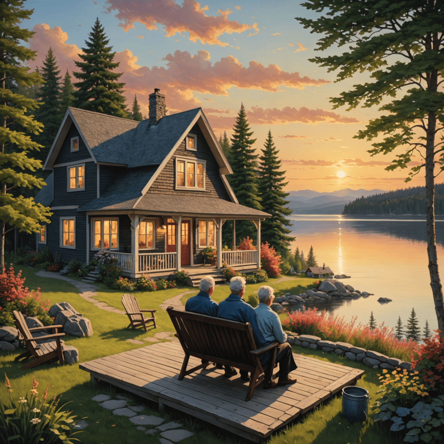 A scenic view of a Canadian lakeside cottage with a retired couple sitting on the porch, enjoying the sunset