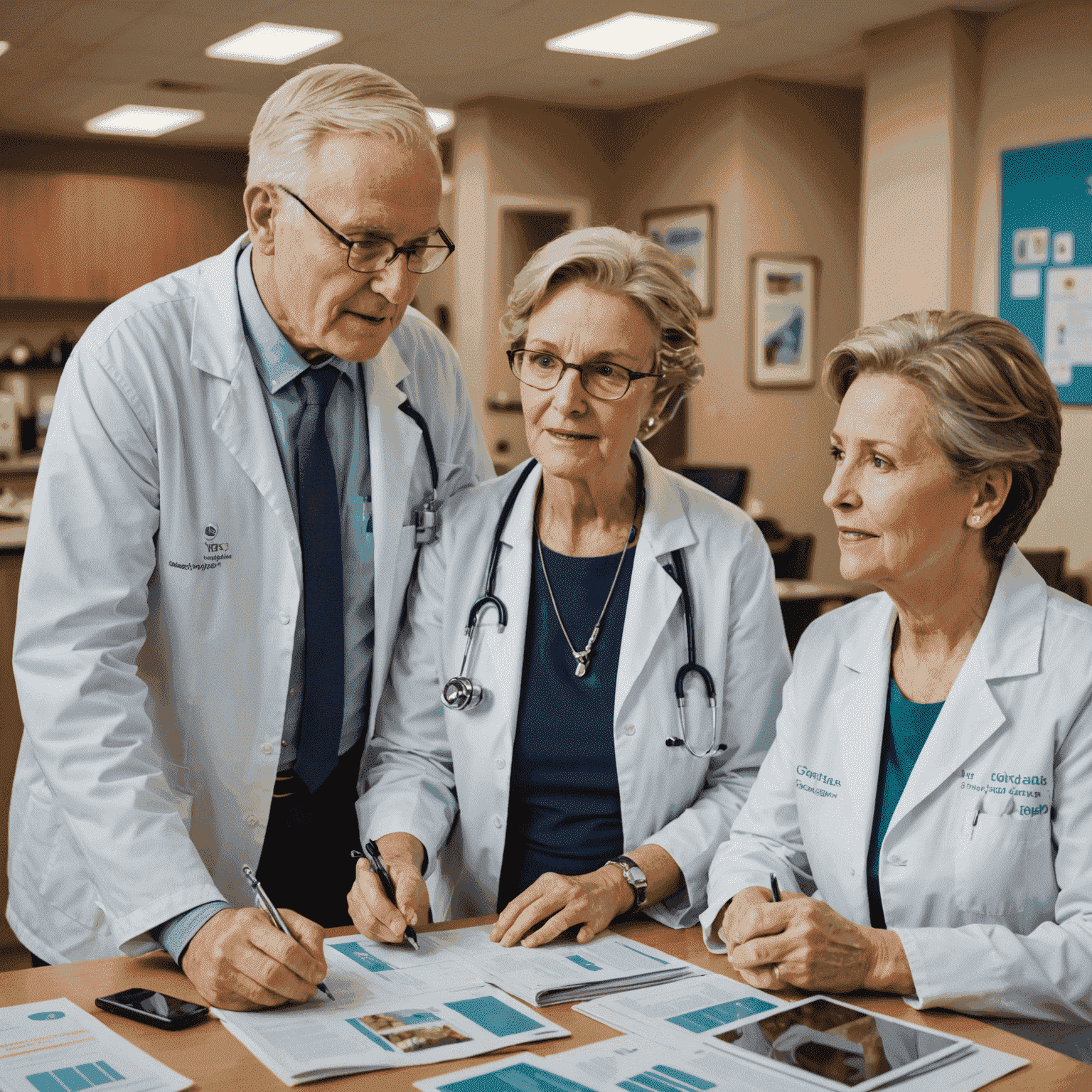 Senior Canadian couple discussing healthcare options with a medical professional, surrounded by medical equipment and brochures