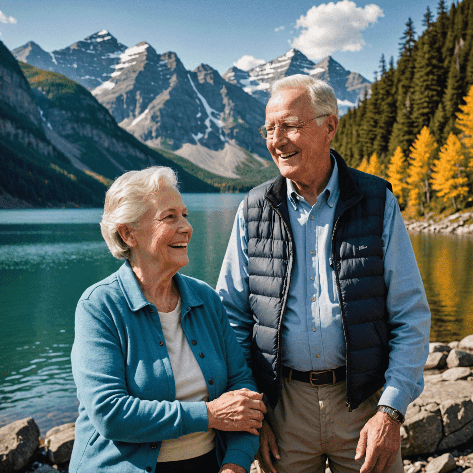 A happy senior couple enjoying their retirement on a Canadian lakeshore, with mountains in the background