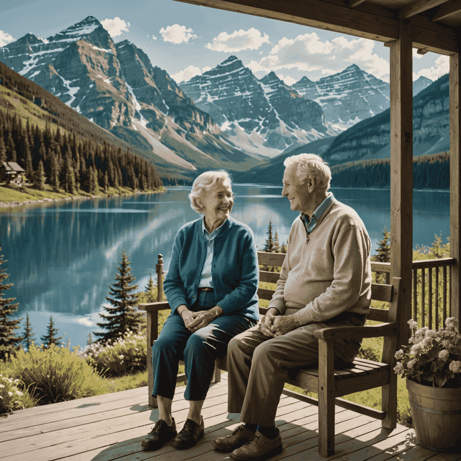 An elderly couple sitting on a porch, smiling and looking at a beautiful Canadian landscape with mountains and a lake, symbolizing the beginning of their retirement journey