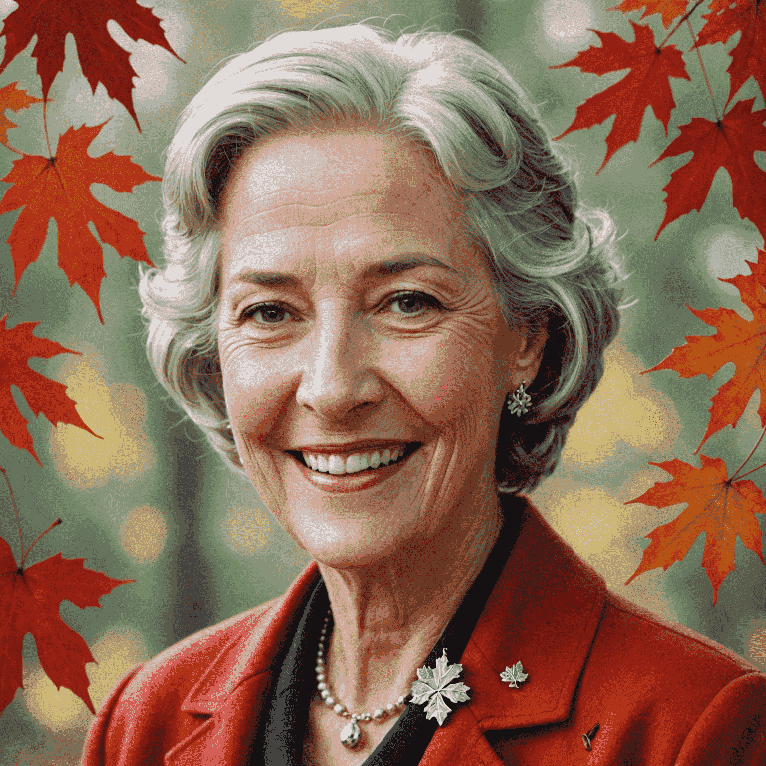 Portrait of Margaret Thompson, a smiling woman in her 60s with silver hair, wearing a red maple leaf brooch