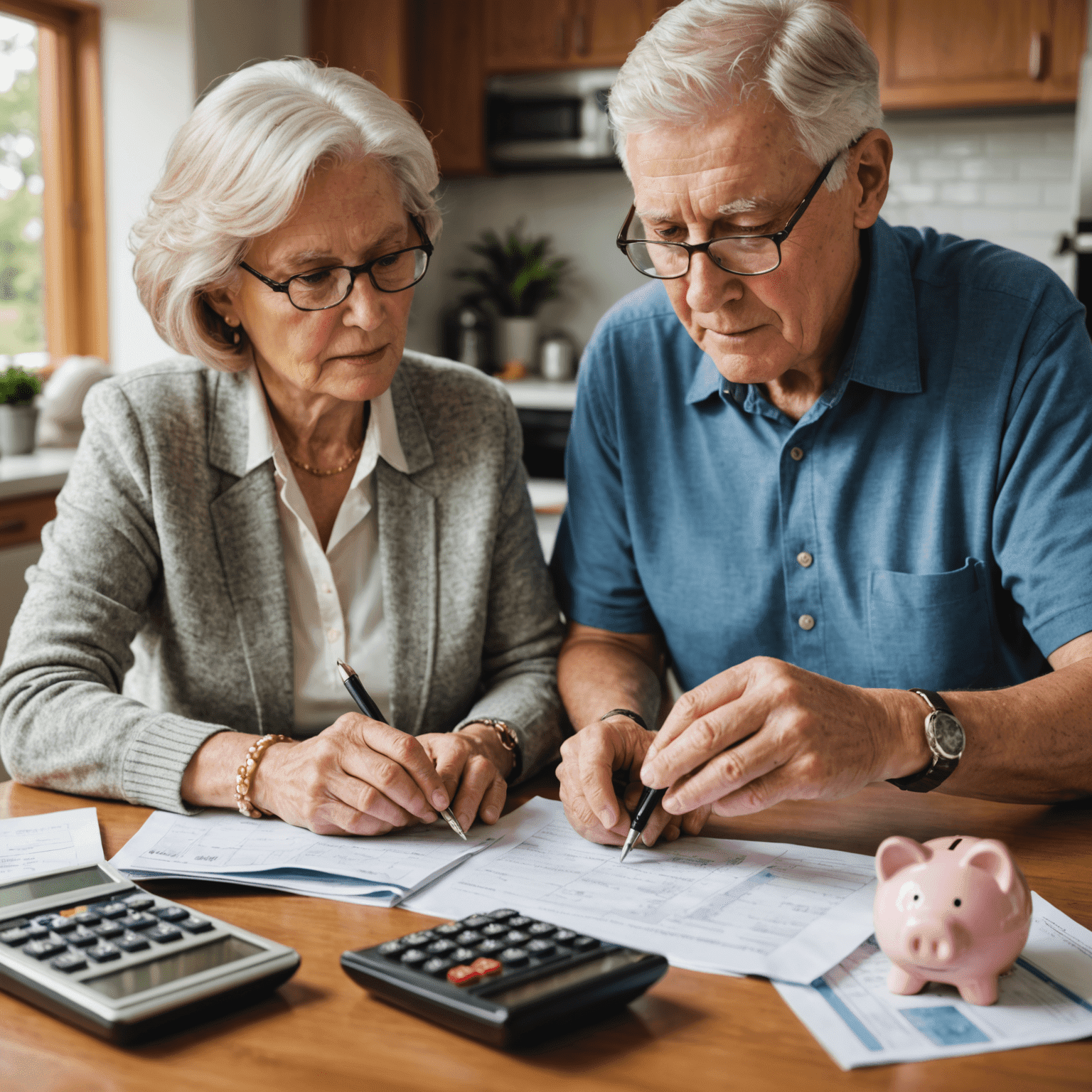 A senior couple reviewing financial documents and using a calculator, with Canadian currency and a piggy bank visible, representing retirement savings management