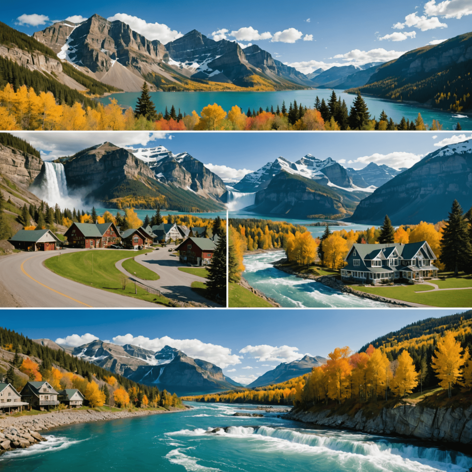 A collage of Canadian landscapes including the Rocky Mountains, Niagara Falls, and a quaint coastal village, showcasing top destinations for retirees