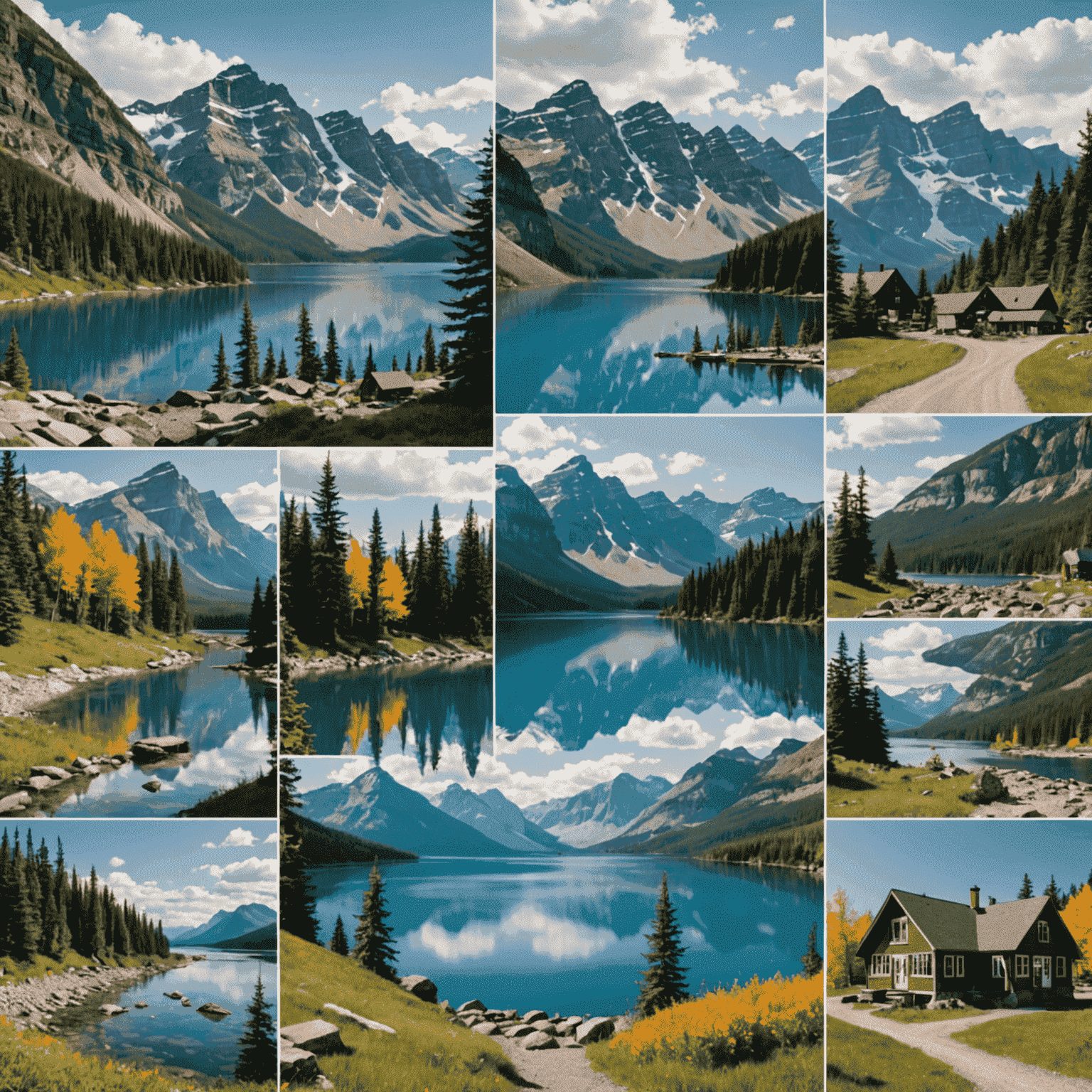 A collage of Canadian landscapes including mountains, lakes, and coastal areas, with small town scenes