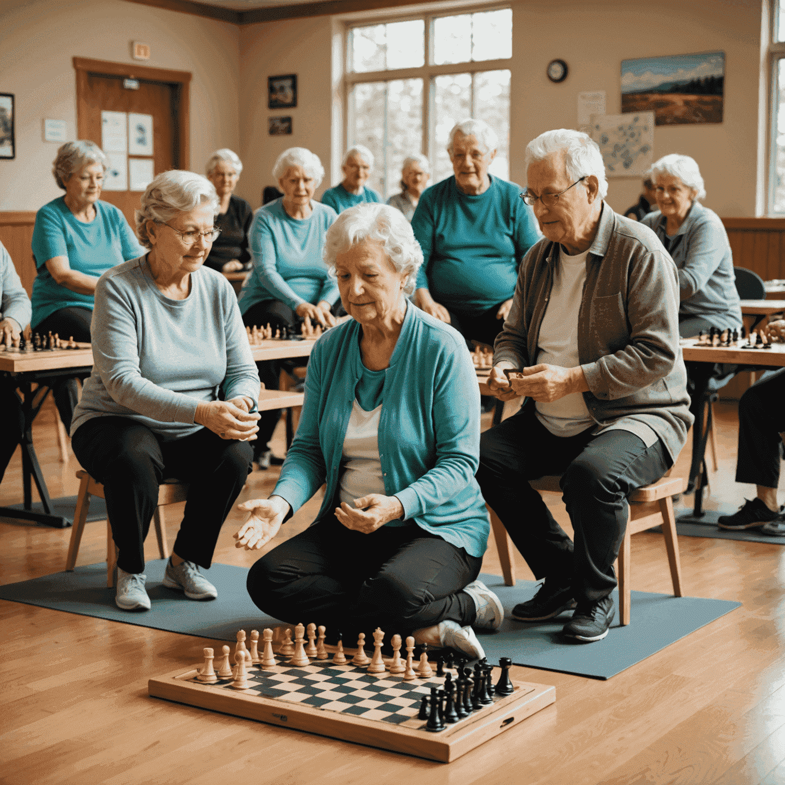 Senior Canadians engaged in various activities like yoga, hiking, and playing chess in a community center